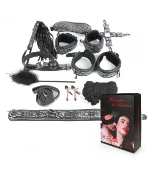 NTB-80470 Комплект (наручники,оковы,ошейник,верёвка,фиксатор,плётка,кляп,маска,зажимы д/сос