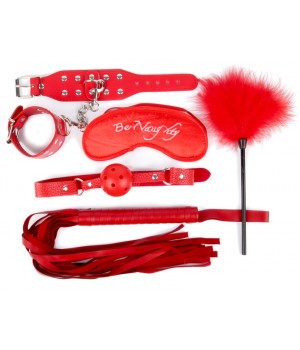 80332 Комплект (наручники, маска, кляп, плеть, щекоталка с пухом) цвет красный, PVC, текстиль