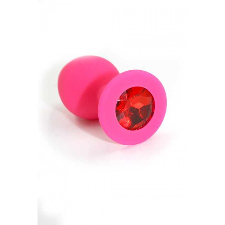 KL-S0012M Розовая анальная пробка из силикона с красным кристаллом (Medium)