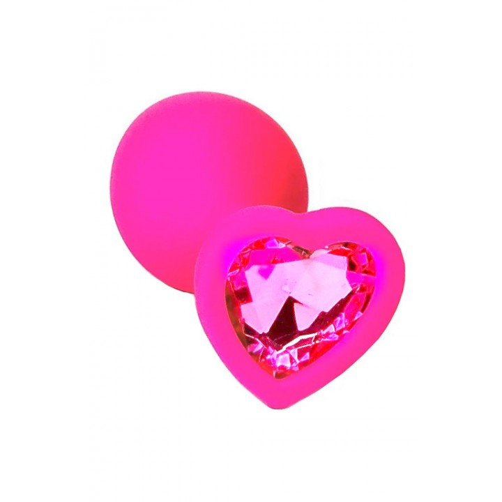 AP-S02-MPP Розовая анальная пробка из силикона с розовым кристаллом в форме сердца (Medium)