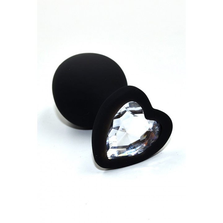 AP-S02-MC Черная анальная пробка из силикона с прозрачным кристаллом в форме сердца (Medium)