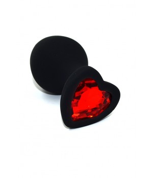 AP-S02-MR Черная анальная пробка из силикона с красным кристаллом в форме сердца (Medium)